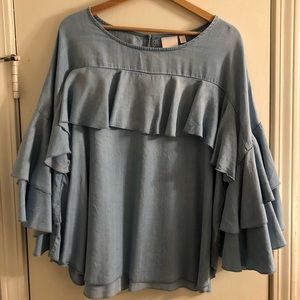 Chambray Ruffle Sleeve Blouse
